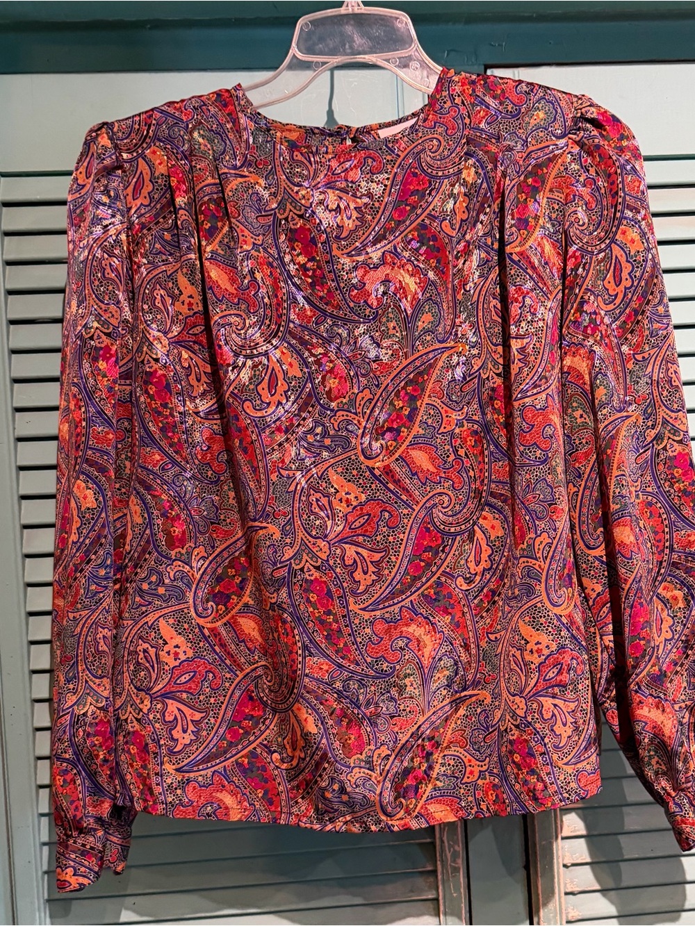 Vintage 80s NICOLA Metallic  Paisley Button-Cuff Blouse w/Shoulder Pads & Tucks